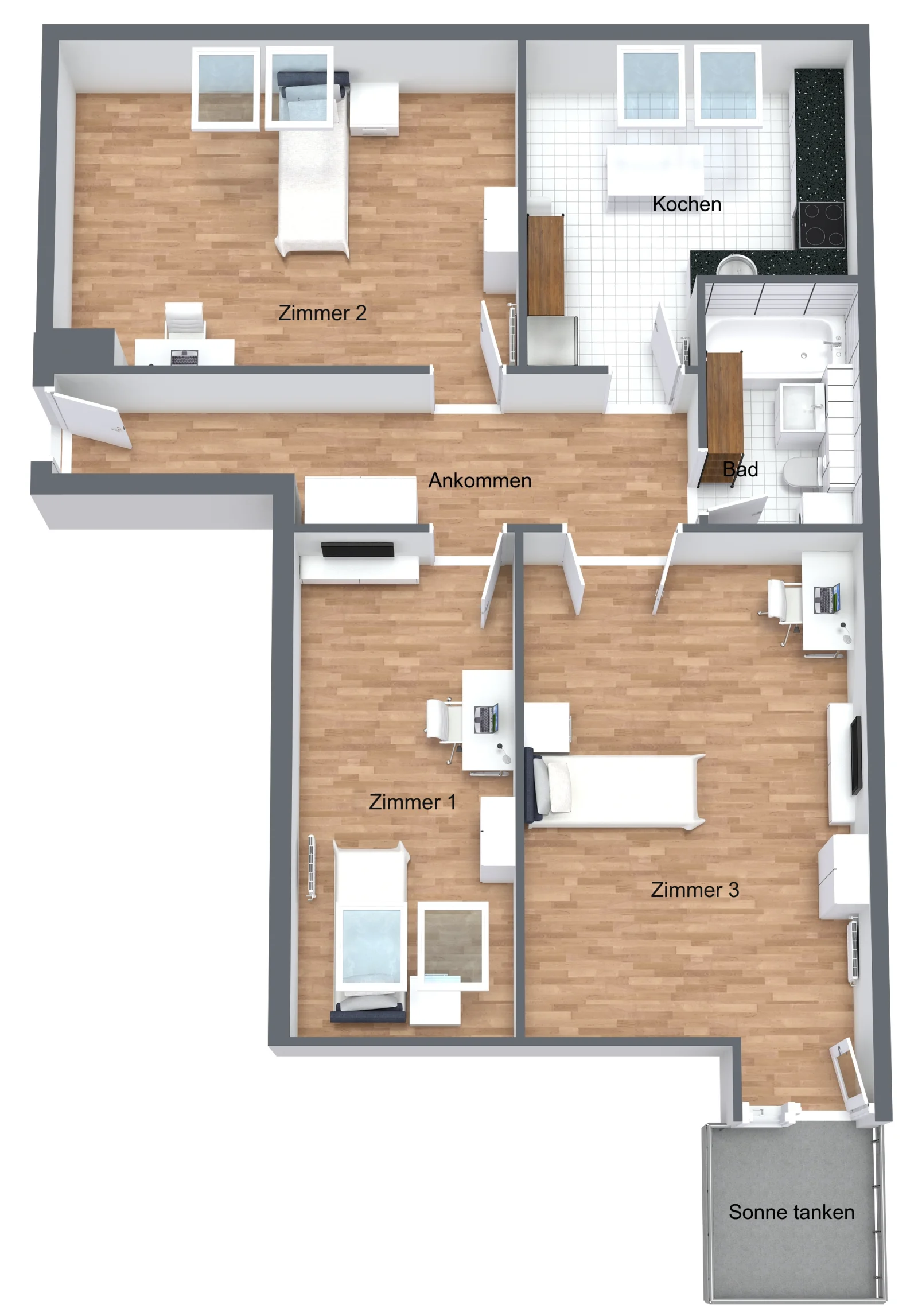 3D-Grundriss mit Zimmer 1 bis 3, Küche, Bad, Eingangsbereich und Balkon sowie einer beispielhaften Möbelstellung